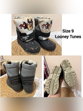 Looney Tunes Kids Black & White Taz Rain & Snow Boots - Size 9